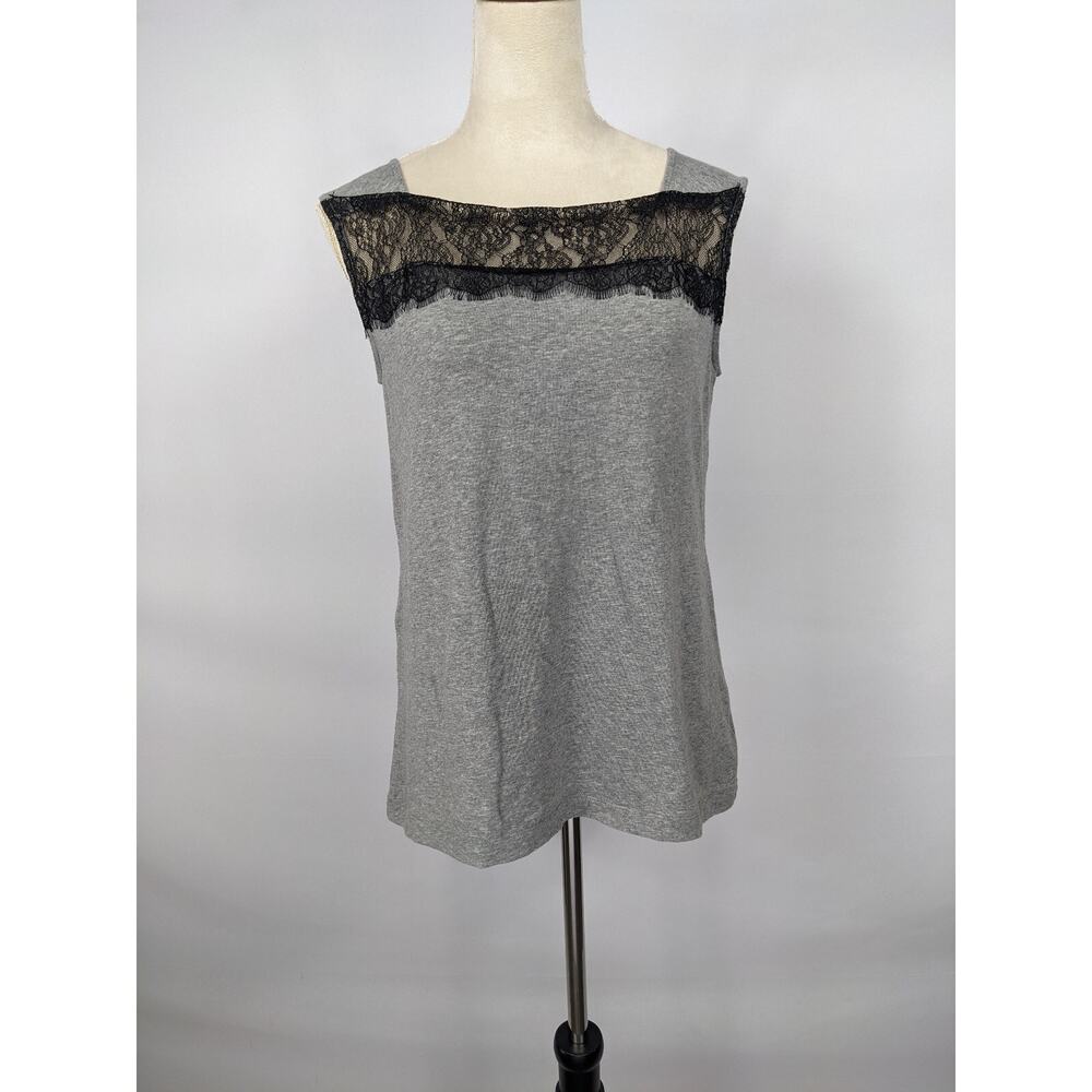 Cabi Lacey Tank Top Grey Gray Black Small Lace Accent Sleeveless Fitted Stretch